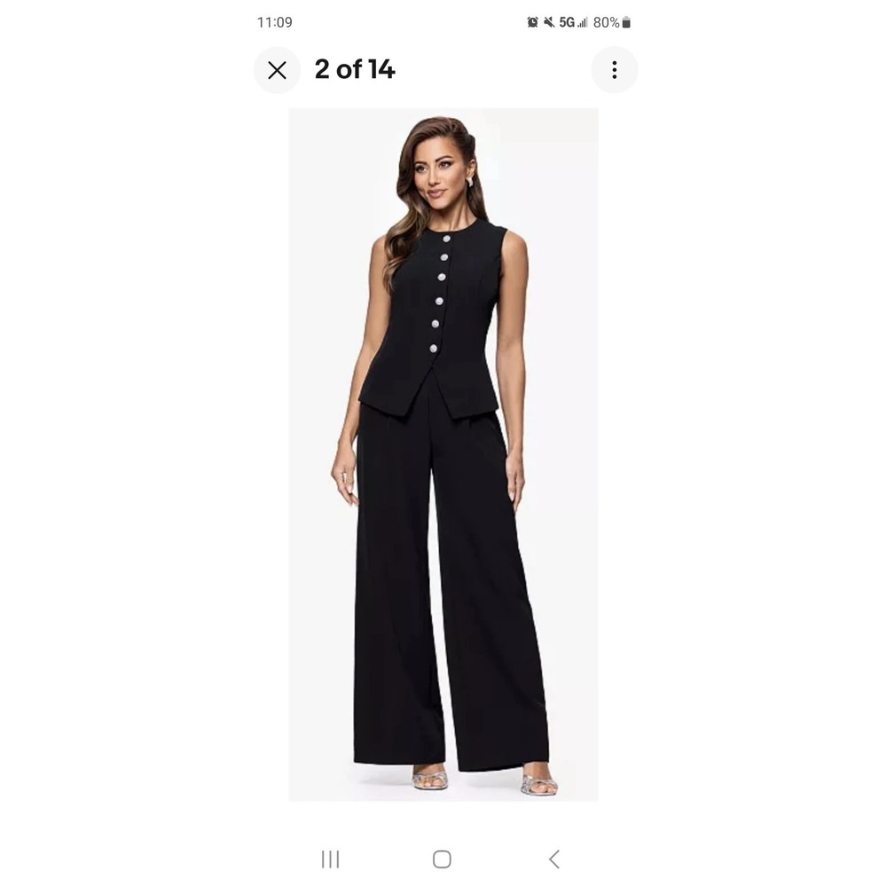 XSCAPE Scuba Crepe Sleeveless Straight-Leg Jumpsuit Black Rhinestone pockets 16